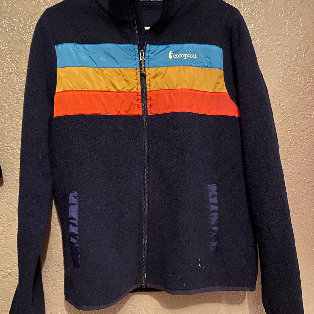 Cotopaxi Navy Fleece Jacket with Colorful Stripes